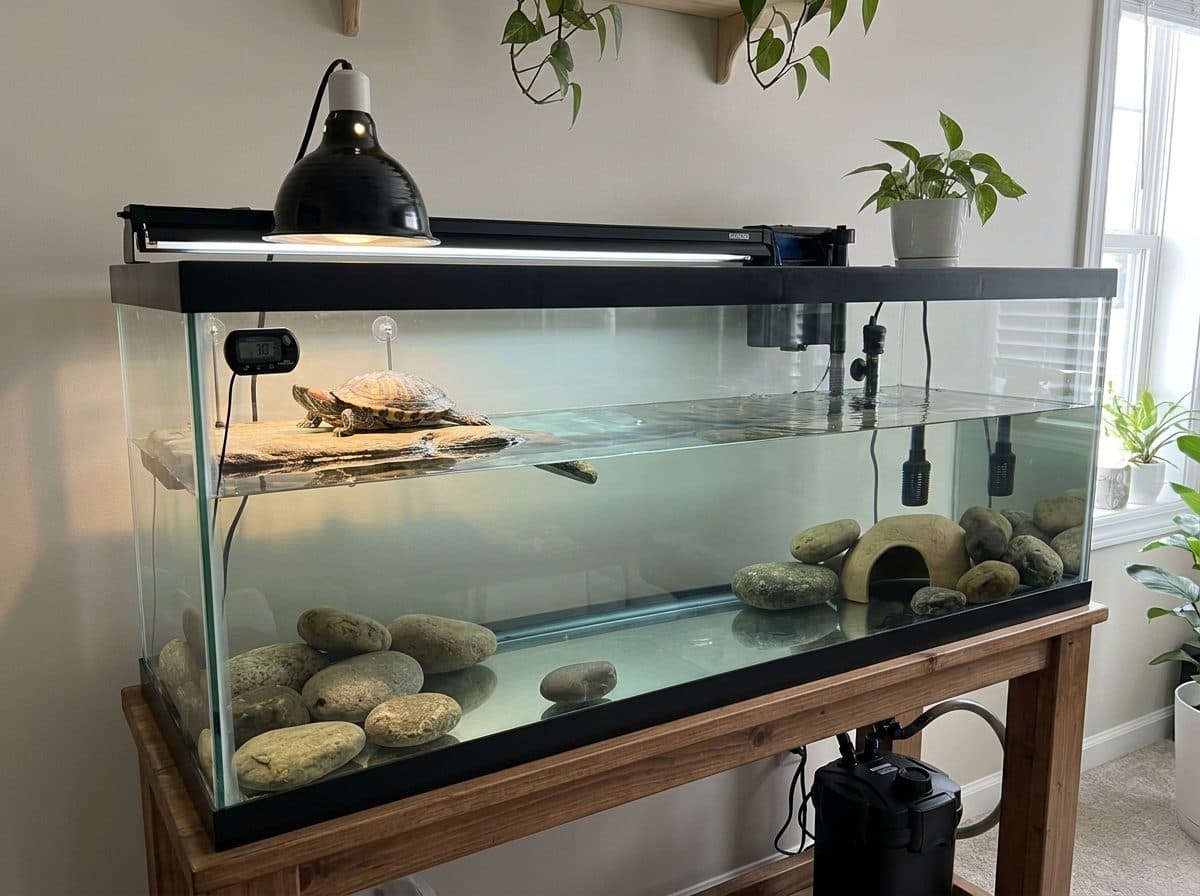 A correctly set up Red-Eared Slider Turtle enclosure