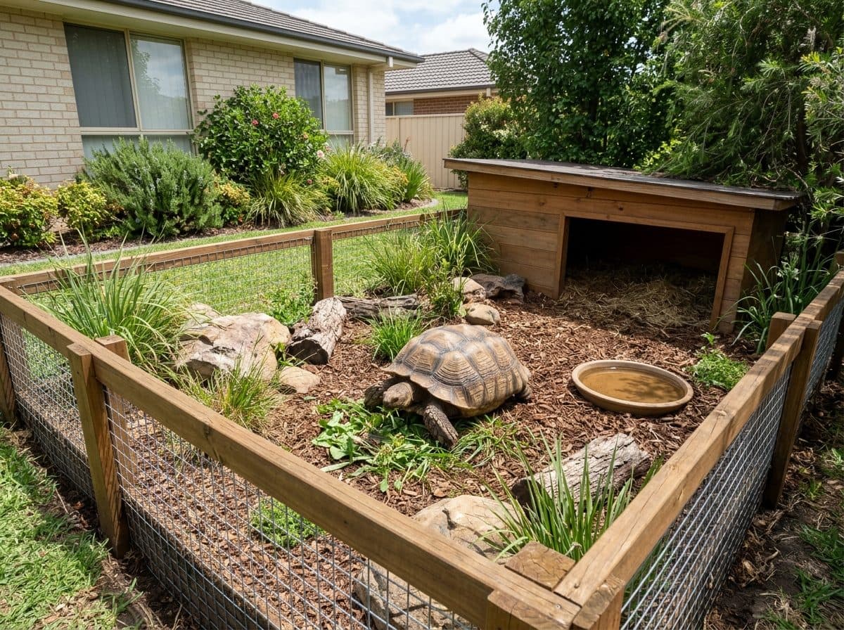 A correctly set up Sulcata Tortoise enclosure