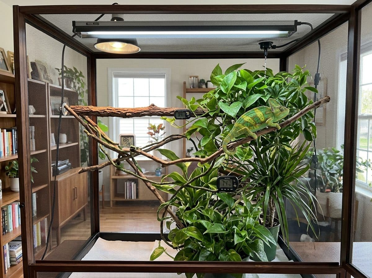 A correctly set up Veiled Chameleon enclosure
